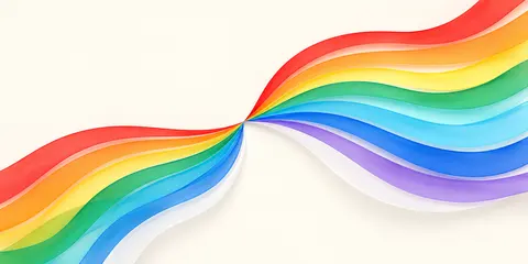아이보리색 바탕에서 빨강·주황·노랑·초록·청록·하늘색·파랑·보라·흰색의 아홉 빛 띠가 중앙에서 갈라져 화면 양쪽으로 흐르는 추상 삽화.